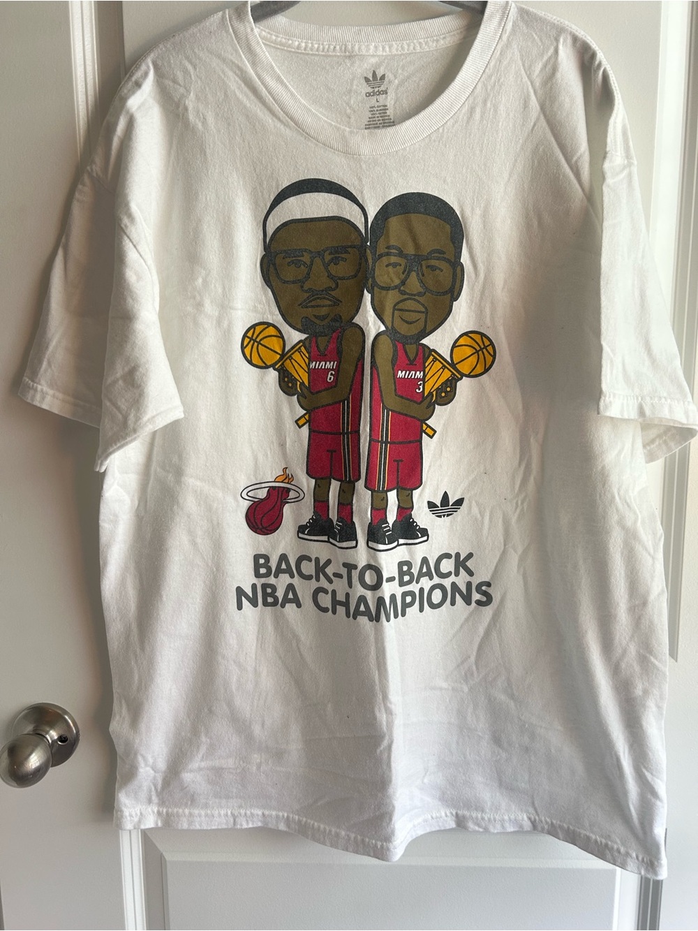 adidas White Miami Heat Cartoon Back-to-Back NBA Champions Tee